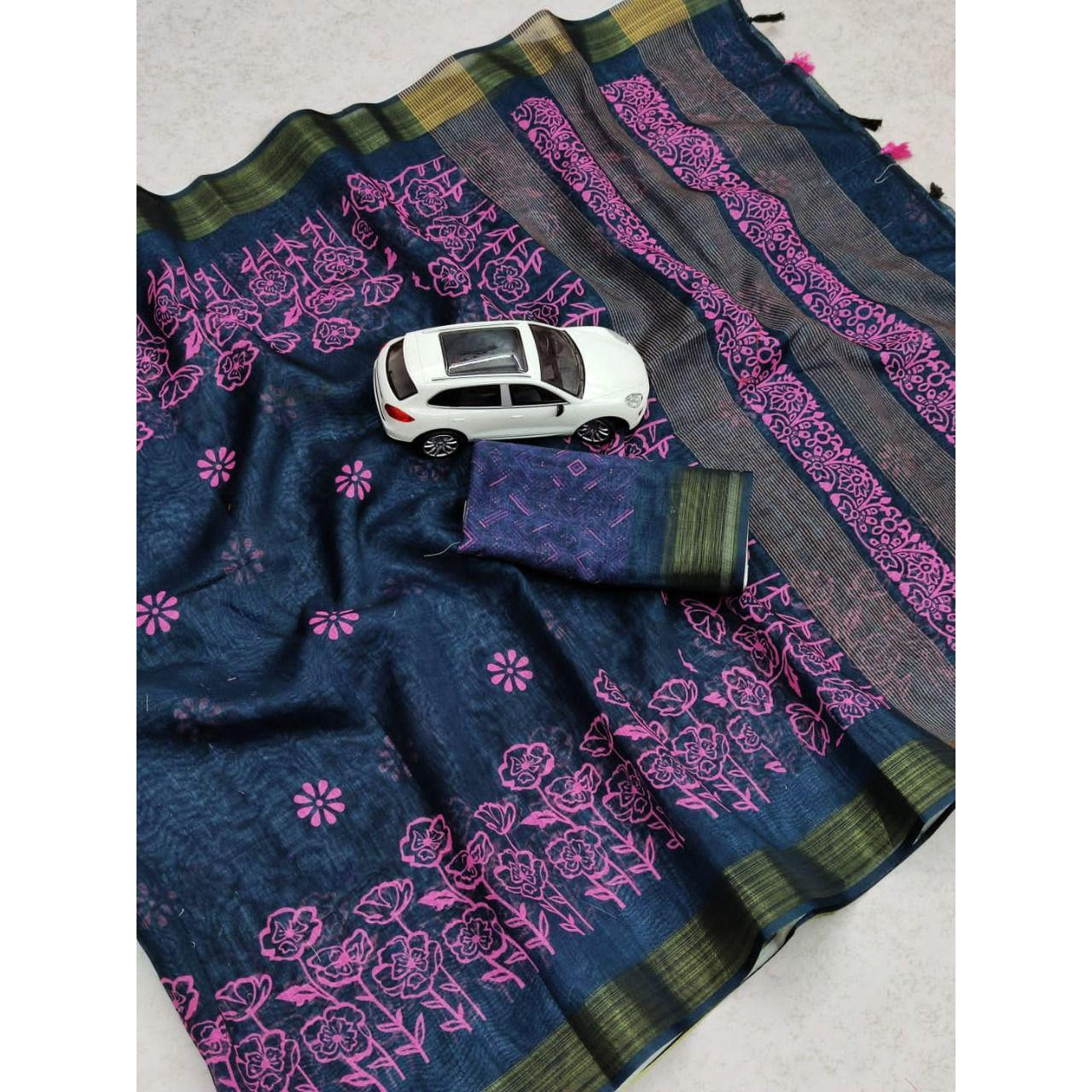 

Женское сари из чистого хлопка с золотой каймой Зари и блузкой с цифровым принтом