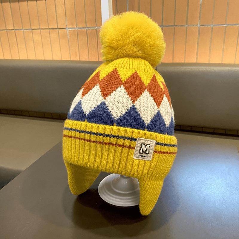 Autumn and Winter Boys and Girls Rhombus Windproof Ear Hats Baby Knitted Thickened Wool Hats Winter Children's Warm Hats