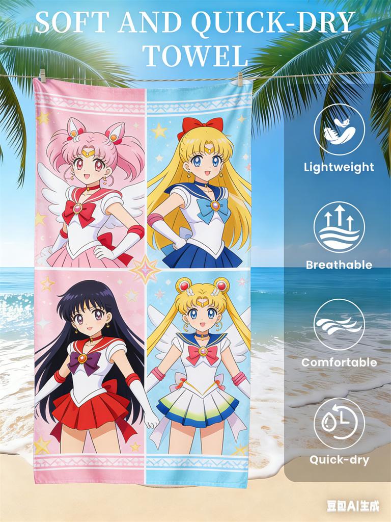 Sailor Moon Beach Towel, Anime Fan Favorite Character Print Quick-Dry Towel for Beach, Pool, Vacation , Magical Girl Enthusiasts