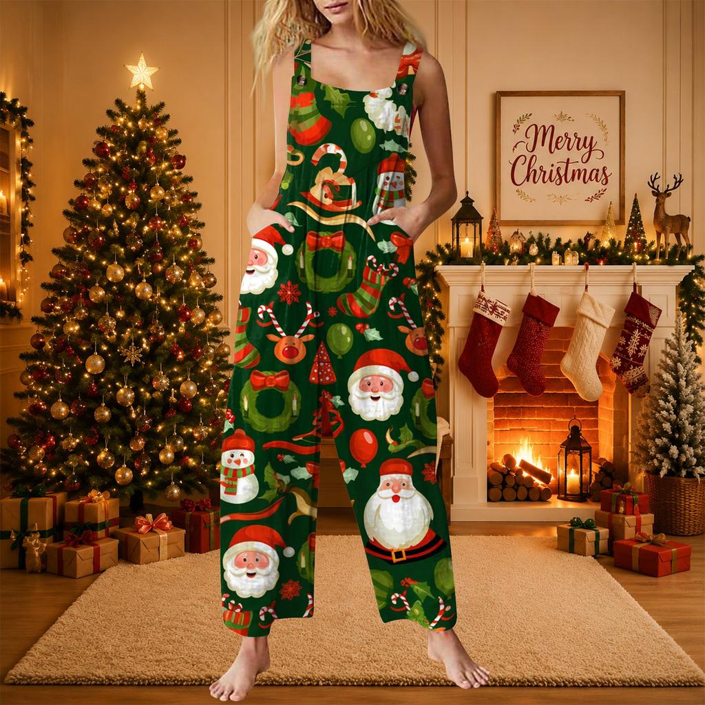 Women's Christmas Print Jumpsuit Casual Loose Fit One-Piece for Holiday Party Wear