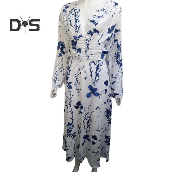 Women Elegant Floral Print Maxi Dress V neck Long Sleeve High Waist Gown Dress A Line Long Dress Streetwear