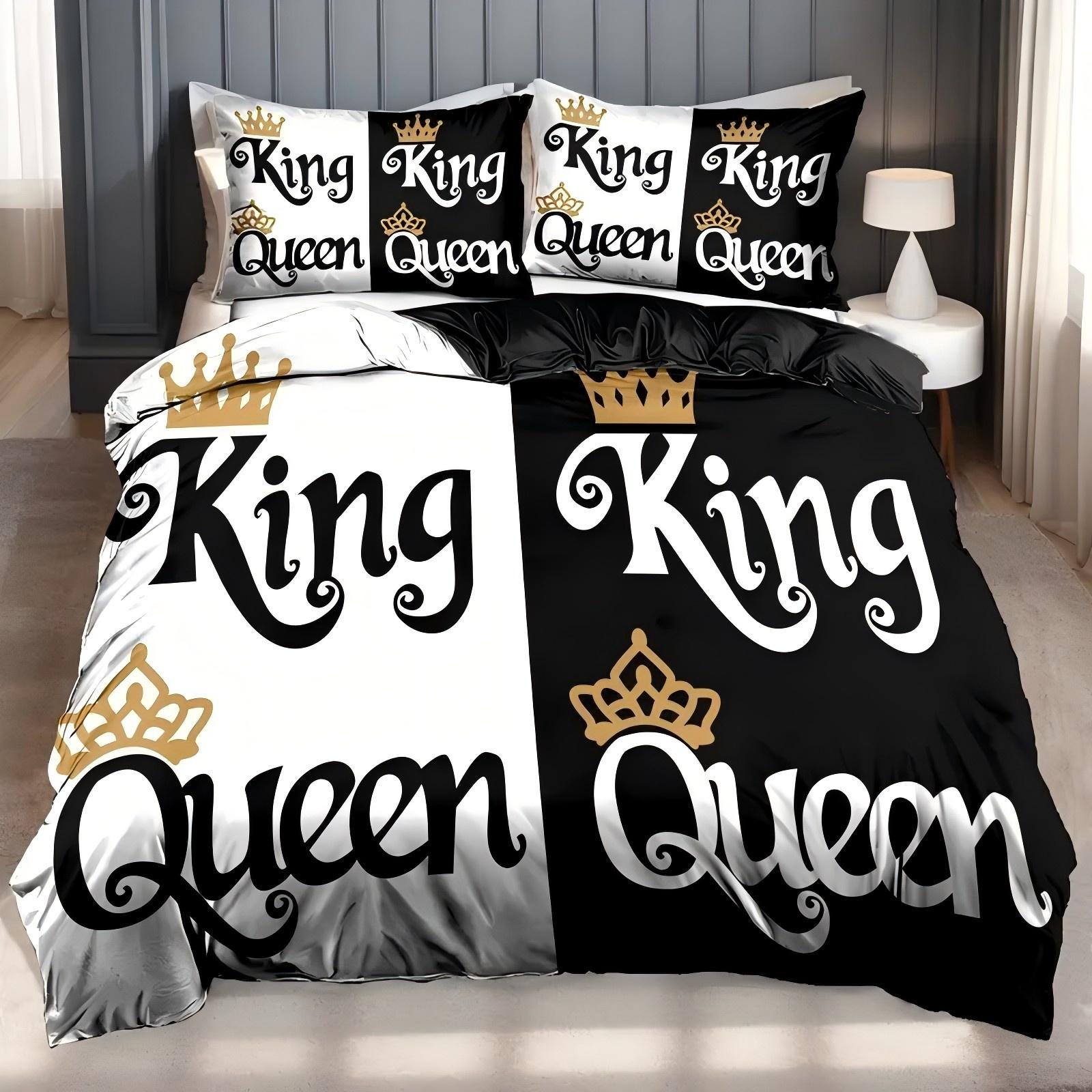 

Black White King Queen Crown Design 3D Printed Quilt Cover Soft Comfortable Bedding Cover Home Textiles Duvet Cover Pillowcases 135x200cm 2pcs
