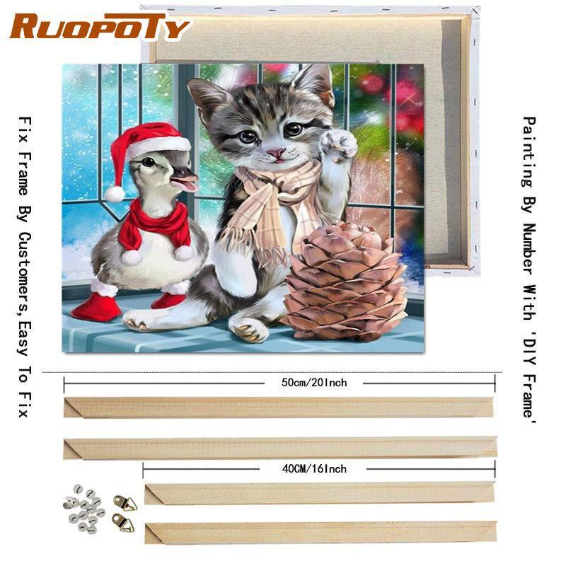 Ruopoty DIY Frame Picture By Numbers Cat Animal HandPainted Wall Art Unique Gift Painting By Number Winter Christmas Gift