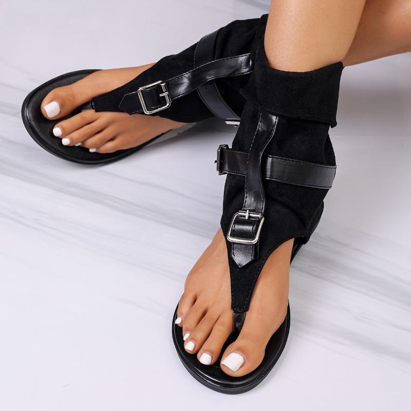 Sandalias Romanas Planas Europeas y Americanas con Punta Abierta para Mujer Verano Nuevo Hebilla de Cinturón de Tela Vaquera Talla Grande Sandalias de Caña Alta para Mujer