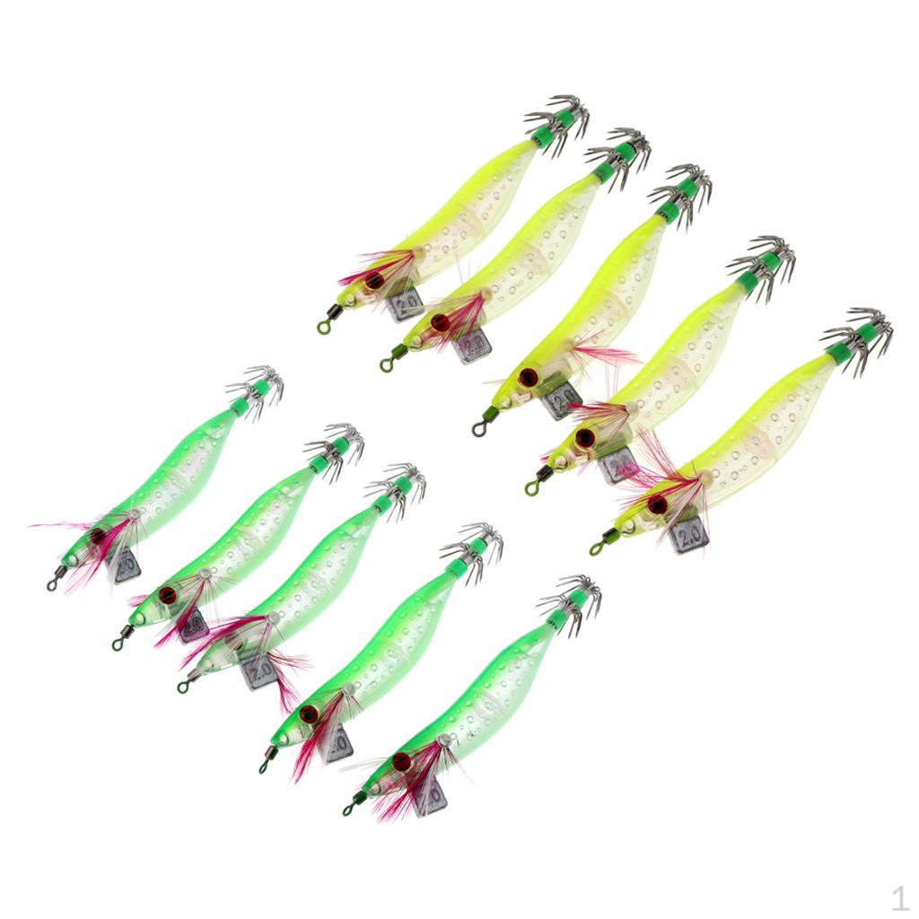 

10 шт. 2 цвета Светящиеся кальмаровые джиги Крючки Приманки Креветка для морской рыбалки Набор крючков для осьминога