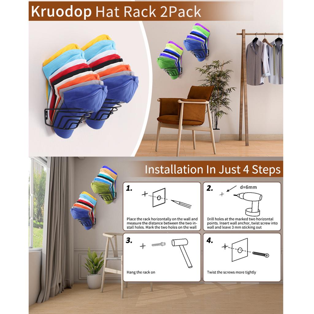 2Pack Hat Rack Baseball Cap Organizers Metal Hat Holder Organizer Wall Mounted Caps Holder Hat Storage Rack
