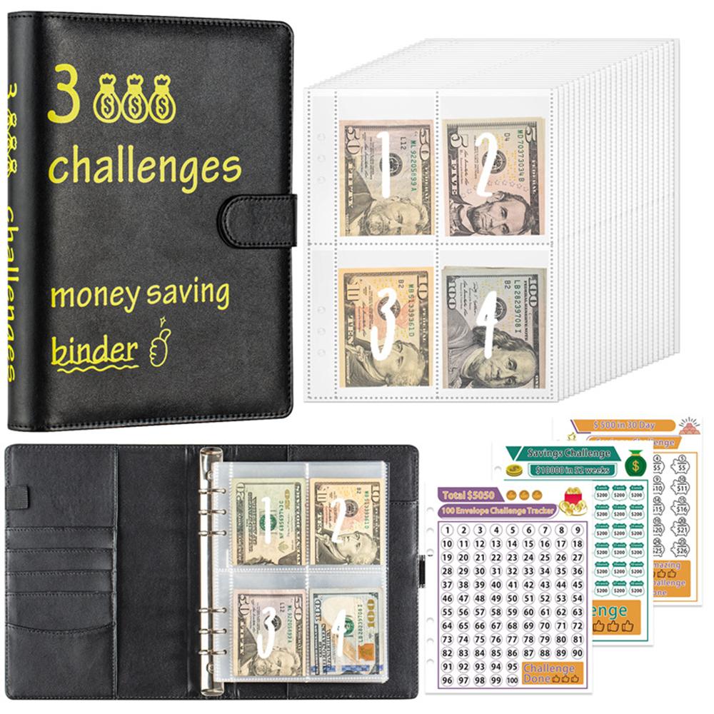 100 Envelopes Money Saving Challenge Budget Binder PU Leather Cover with Cash Envelope PVC Pocket