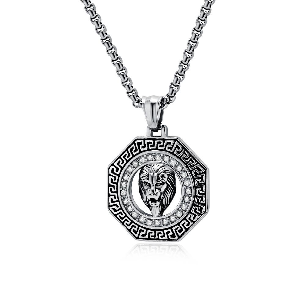 Vintage Hip-hop Great Wall Pattern Titanium Steel Lion Head Necklace Niche Personality Hipster Stainless Steel Pendant 60CM