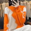 Women's Intarsia Color Block Pure Wool Sweater - Long Sleeve Half-High Neck Pullover