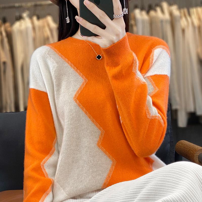 Women's Intarsia Color Block Pure Wool Sweater - Long Sleeve Half-High Neck Pullover
