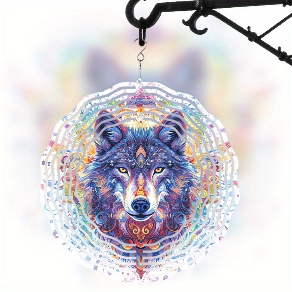 Fox Themed Metal Wind Chime 10 Inch Laser Cut Outdoor Garden Decor with Vibrant Blue Purple Artwork 360 Degree Rotation Hook Indoor