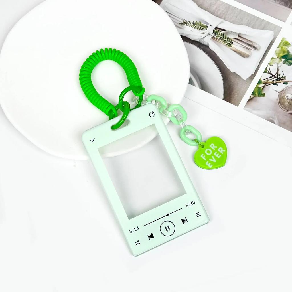 Music Player ID Card Holder with Spring Rope Heart Charm for Women Girls Kid Colorful Bus Subway Credit Card Protector Shell
