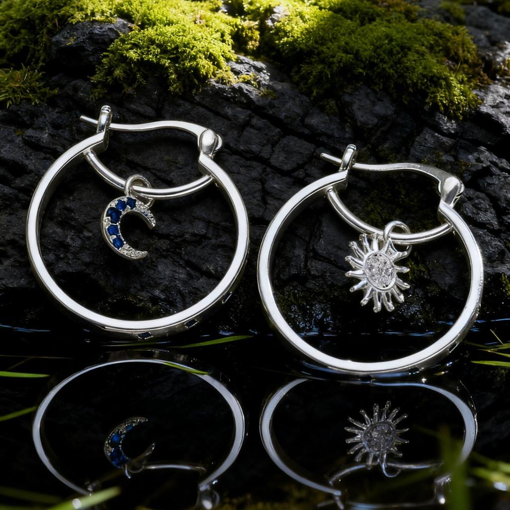 Sun Moon Charm Hoop Earrings Silver Tone Blue Stone Accent Celestial Huggie Earrings for Women
