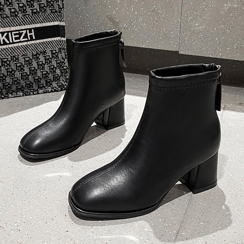 Fashion 2024 Winter New Thick Heel Plus Velvet Square Toe Boots Women Net Red Short Tube Rear Zipper Solid Color Women's Boots