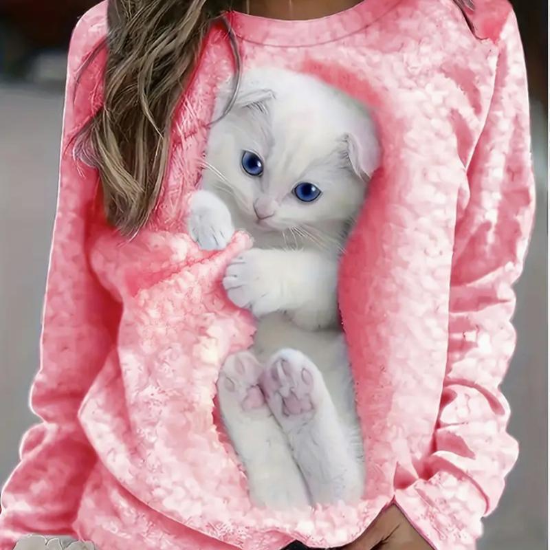 

Топы для женщин 3D Vision Funny Cat Print Round Neck Long Sleeve T Shirt Fall Casual Slim Pullover Women s Long Sleeve Top XS розовый
