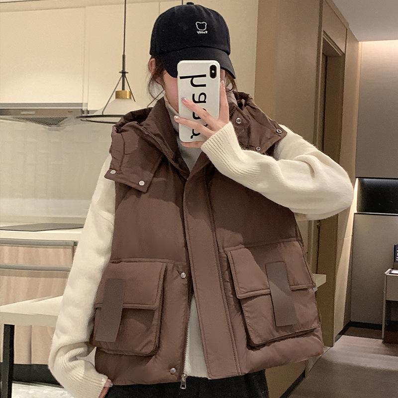 

Short cotton vest women s autumn and winter new loose vest outer wear vest cotton vest cover stand collar vest cotton clothes XXL кавовий