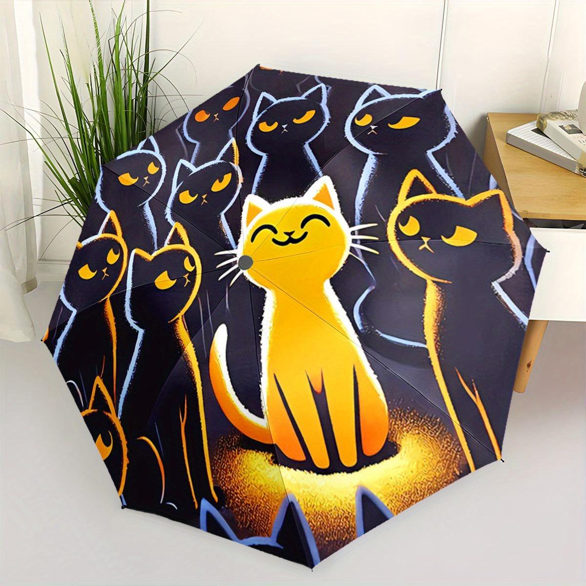 Automatic Open/Close Umbrella with Cute Cat Pattern - Navy Blue Background, Compact Folding Umbrella with 8-Rib sturdy frame,
