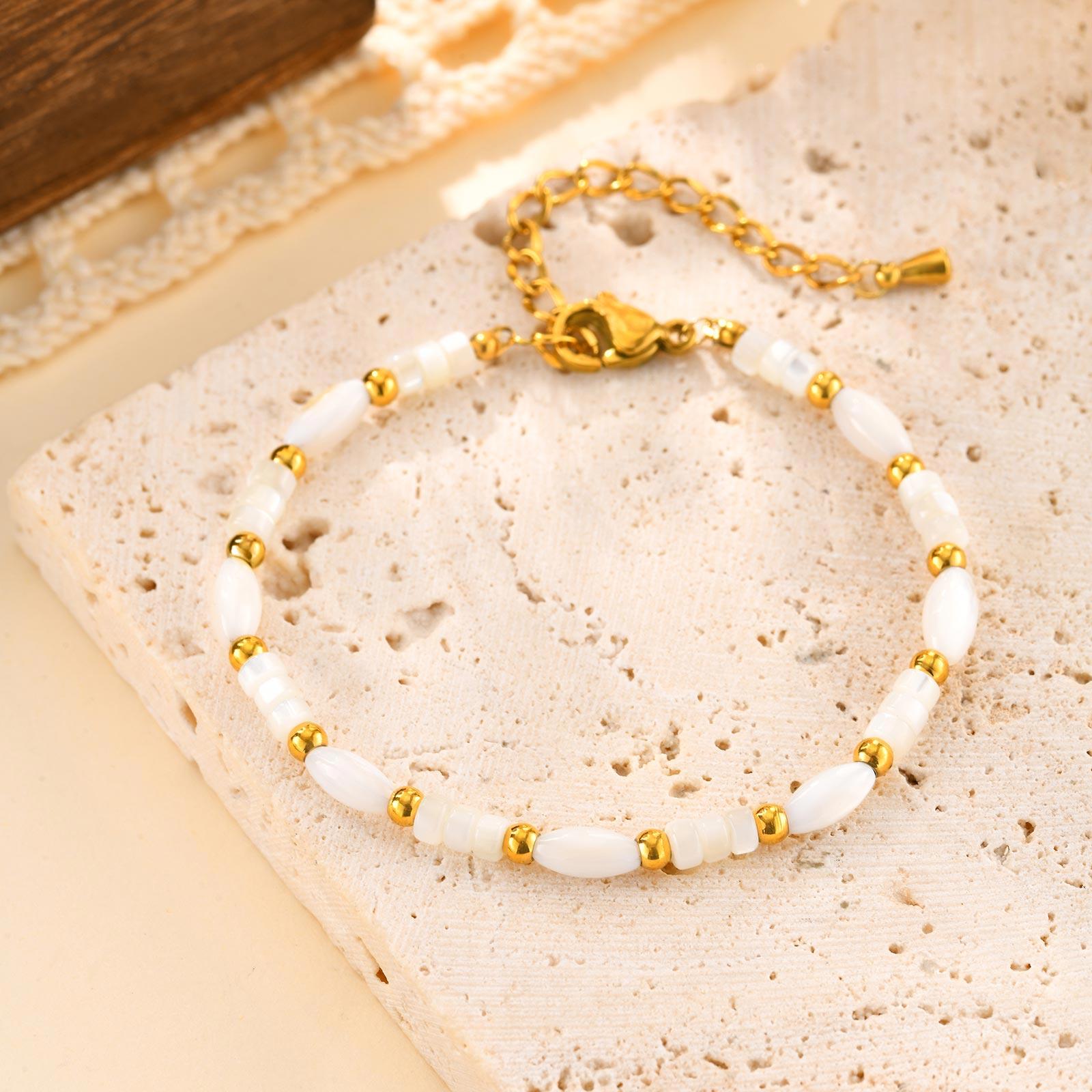 

Women s White Shell Beaded Bracelet,Gold Color Stainless Steel Bracelets,Waterproof Charm Jewelry Gift