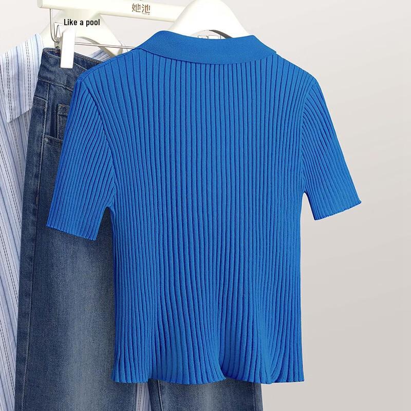 SheePool Women's Polo Collar Knitted Short Sleeve T-Shirt