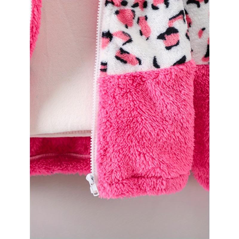 Cozy & Cute Girls' Leopard Print and Pink Fleece-Lined Zip-Up Hoodie Jacket - Warm, Thick Polyester Blend for Autumn/Winter, Long Sleeves,Casual Style