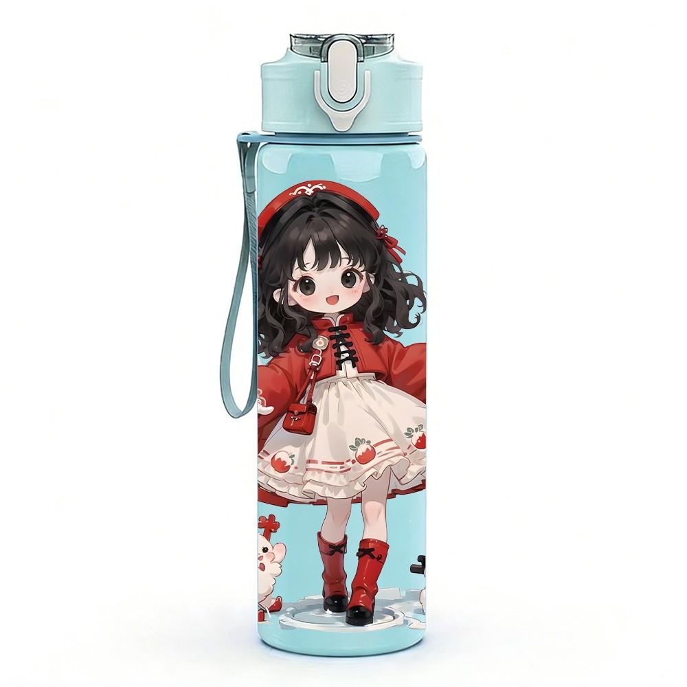 1PC Red Cloak Little Girl With Rose Pattern 750ml Color Plastic Sports Water Bottle Leakproof Flip Straw Lid Suitable for Sports Office Home Use