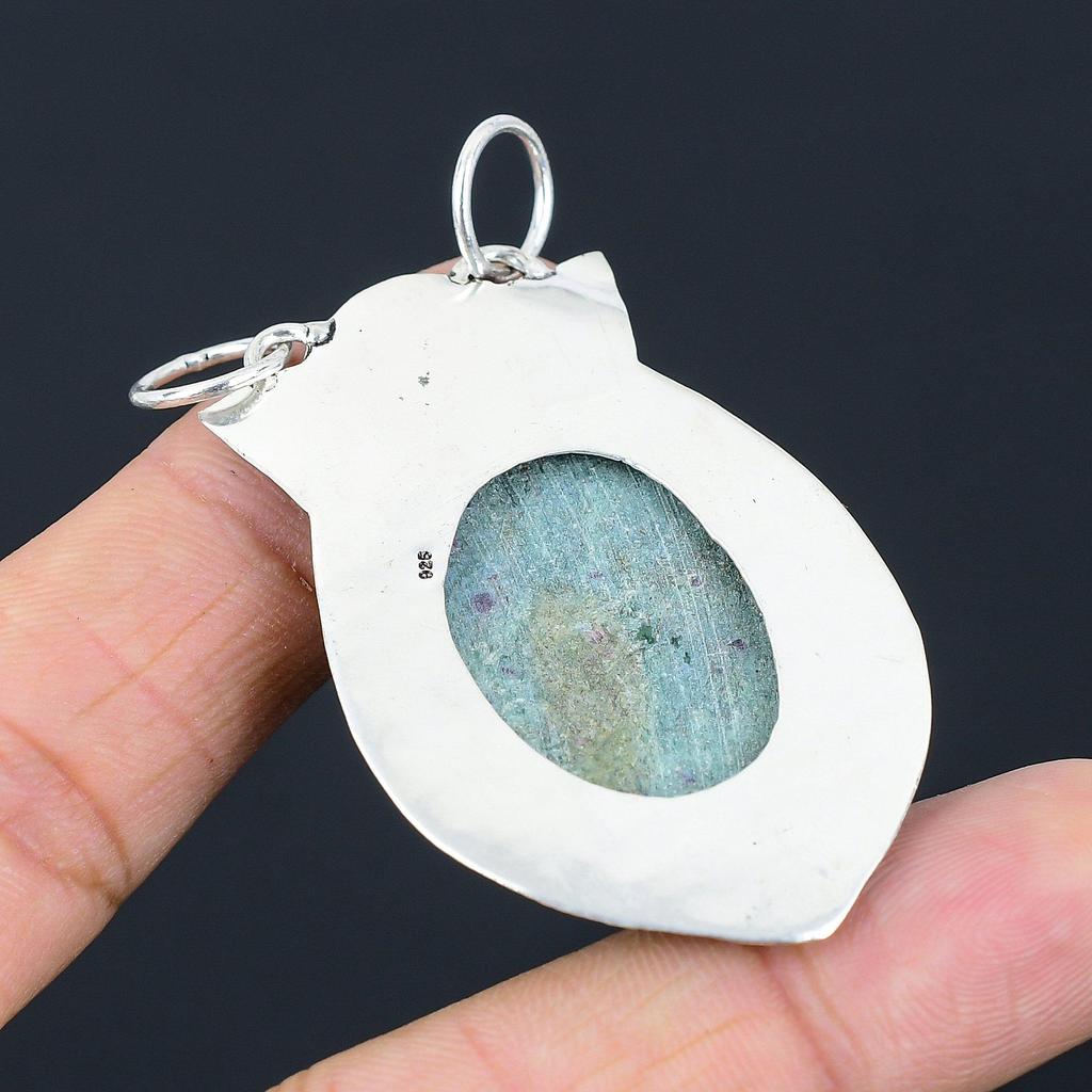 Daughters Day Deal 925 Silver Oval Natural Ruby Fuchsite Birthday Unique Pendant