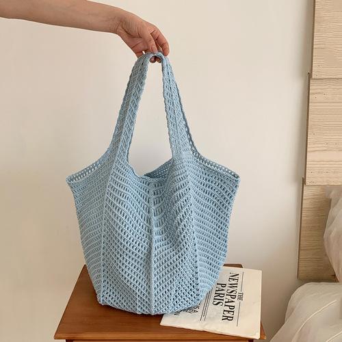 Women Crochet Tote Candy Bag Fashi Knitted Large Capacity Woven Shoulder Bags Solid Color Simple Shopping Bag for Summer Beach