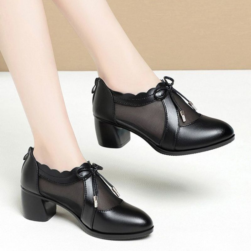 Rubber mesh square heel PU middle heel (3-5cm) solid color pointed head deep mouth sandals single shoes women's casual sports women's shoes