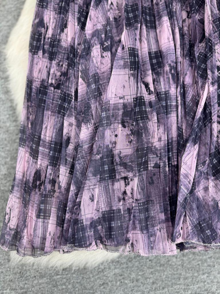 Retro Artistic A-Line Plaid Mesh Midi Skirt