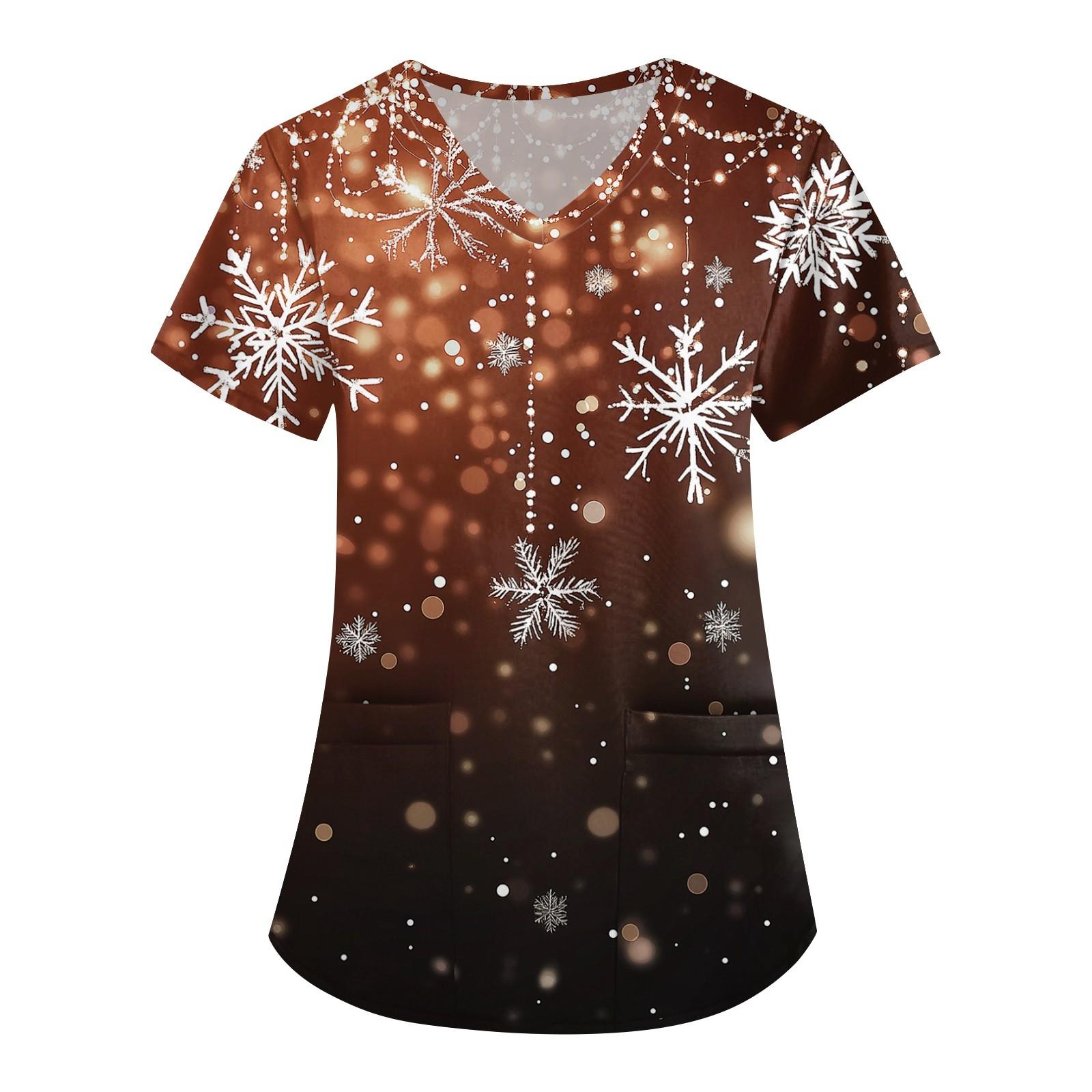 

Жіночий милий робочий одяг з принтами, V-подібним вирізом, двошарові кишені, базовий пуловер з короткими рукавами, Різдво XL шафрановий