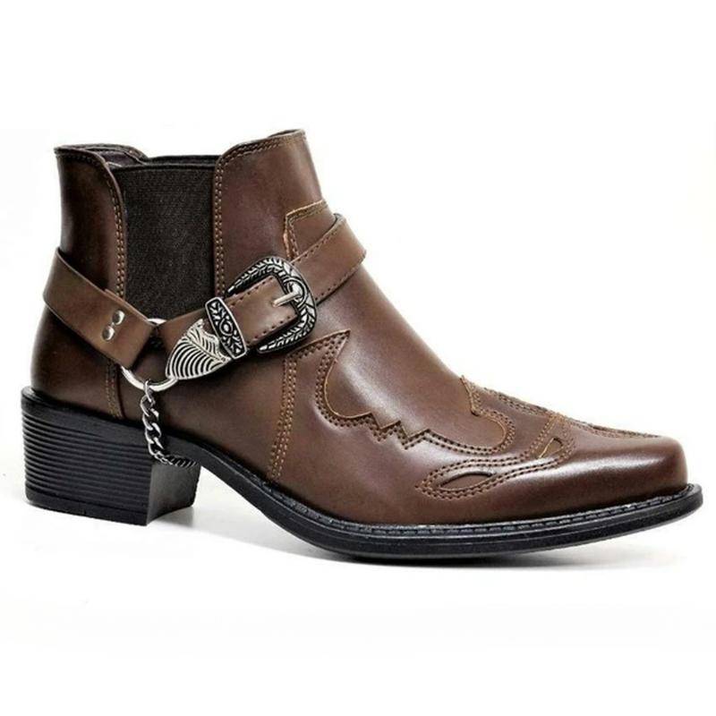 Stivali da Uomo Fatti a Mano Stivali Cowboy Vintage Stivali Alti in Pelle Scarpe Casual con Cinturino con Fibbia Scarpe Punk Punta Appuntita Stivali da Moto da Uomo