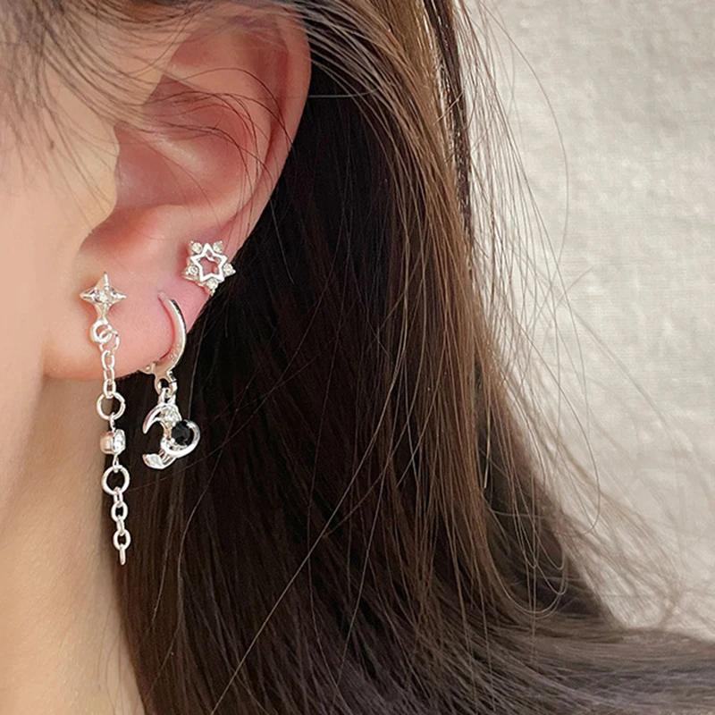 6PCS Y2K Punk Crystal Star Moon Pendant Earring Set For Women Girl Men Gothic Vintage Aesthetic Grunge Jewelry Ear Accessories
