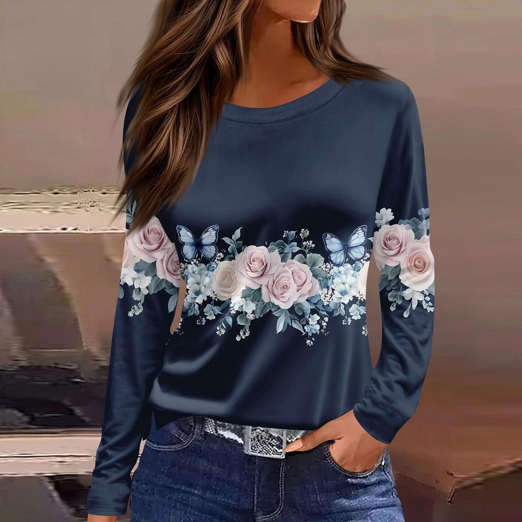 Women's Fashion Casual Slit Hem Round Neck Long Sleeve Loose Printed T-Shirt Ladies Top