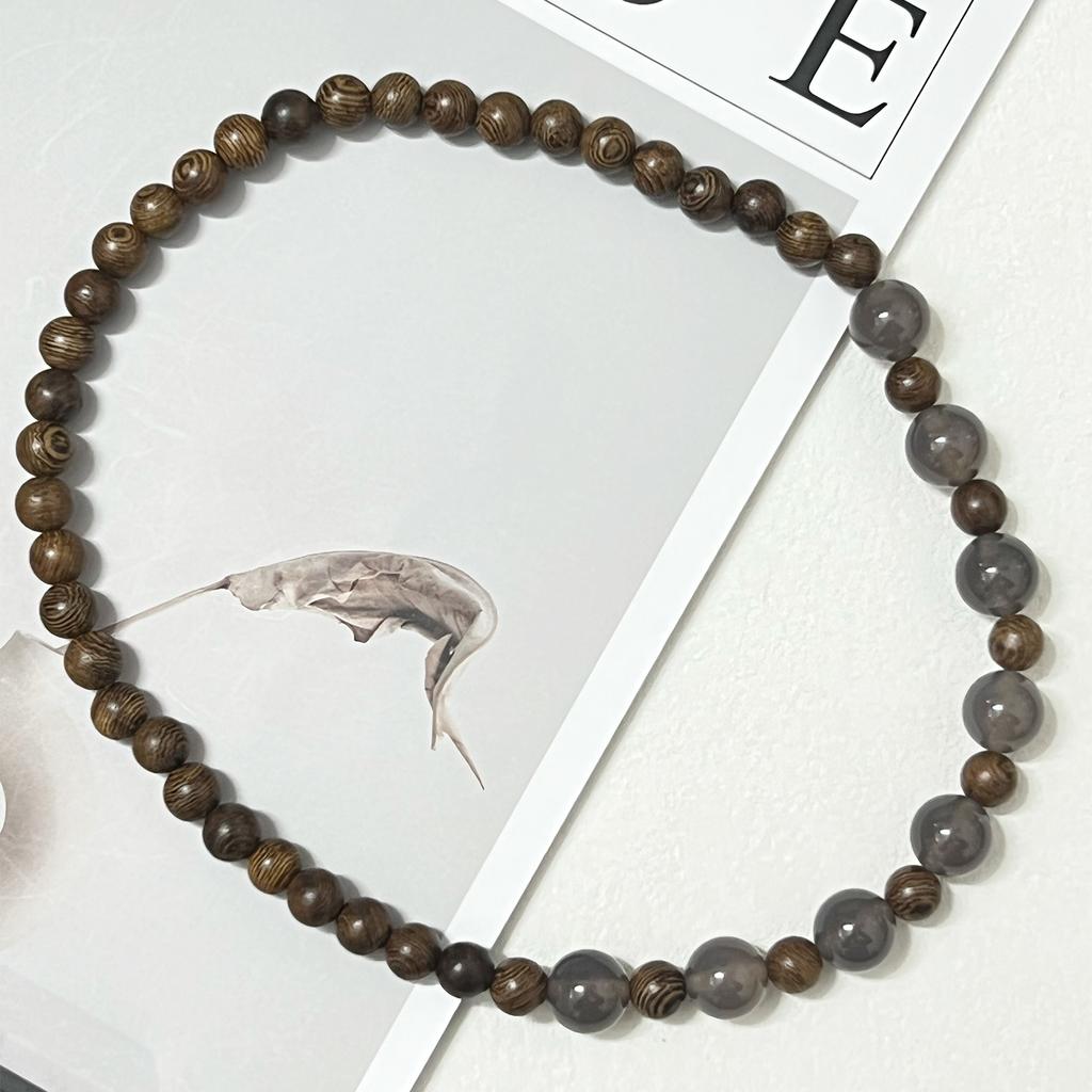 Double Layered Wooden Bracelet with Natural Agate Stone for Men 8mm Round Beads Bangle Multilayered Wristbands