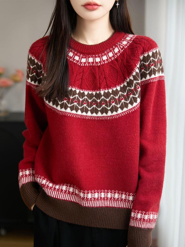Women's Fair Isle Jacquard Knit Wool Sweater, Retro Round Neck, Long Sleeve, Thickened and Warm Base Layer.