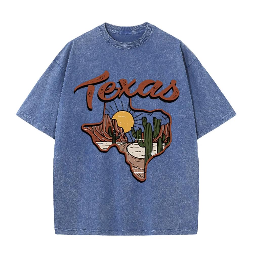 2026 Vintage Texas Desert Cactus Sunset Graphic Beige Washed T Shirt Western Country Travel Casual Oversized Unisex Short Sleeve