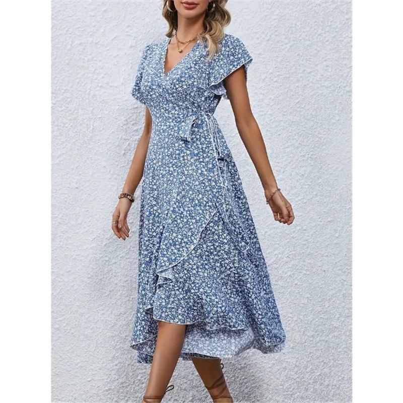 Kleine florale V-Ausschnitt Strickjacke mit Bändern, kurzärmeliges böhmisches Big-Swing-Urlaubskleid