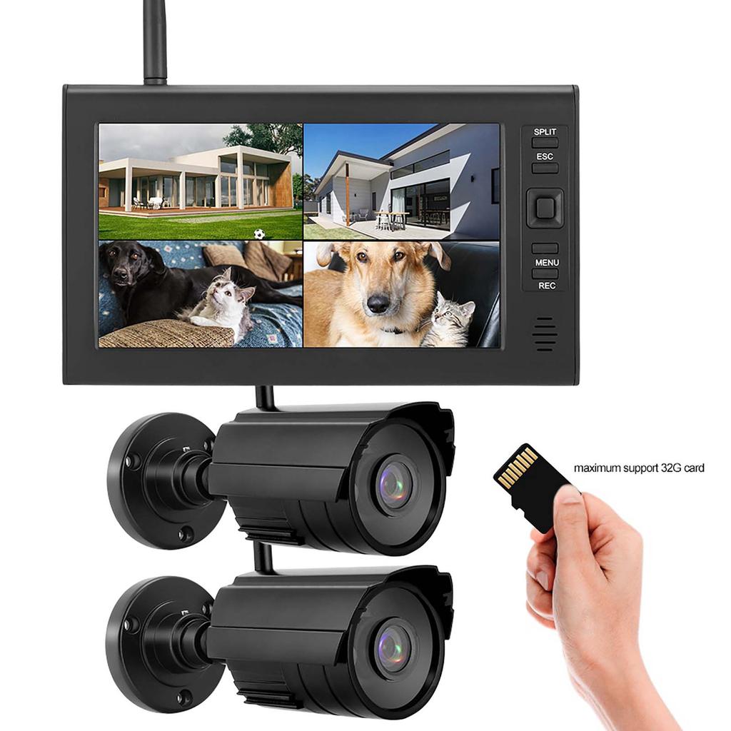 7 Inch LCD Wireless 4CH Security Monitor System Display+Camera 2pcs IR Cameras Memory Card
