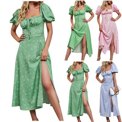 Damenmode, lässig, sexy, bedruckt, Bubble, kurzärmlig, gesmoktes Kleid mit Schlitz