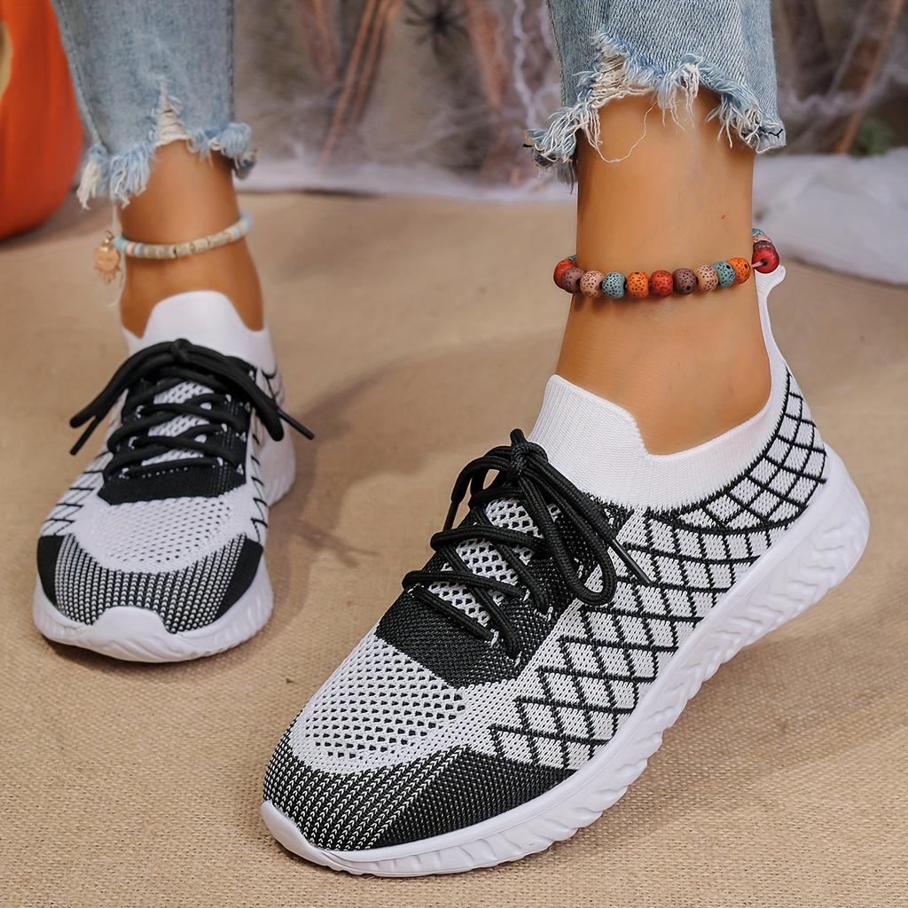 Fashion Women's Casual Knitted Fashion Sneakers, Geometric Patterns, Low-top Loafers, Round Head, All-season Comfort