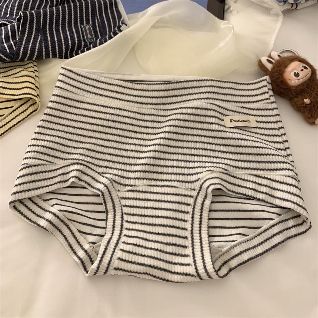 Damen Frühlings- und Herbst-Vintage-Gestreifte Baumwoll-Dreiecksunterwäsche mit verlängertem Schritt