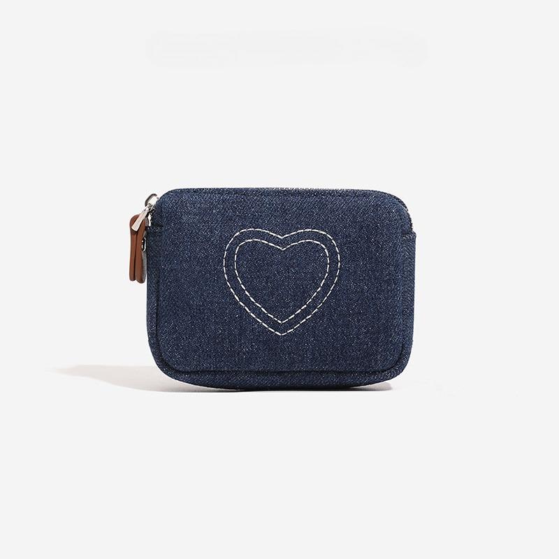 Denim Coin Purse Heart Embroidery Mini Zipper Wallet Women Small Change Pouch Cute Cosmetic Storage Bag Key Holder