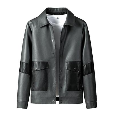 Plus Size Men's Fat Motorcycle Leather Jacket Men's Lapel PU Leather Jacket Plus Fat Plus Fat Casual Jacket Men's Spring and Autumn