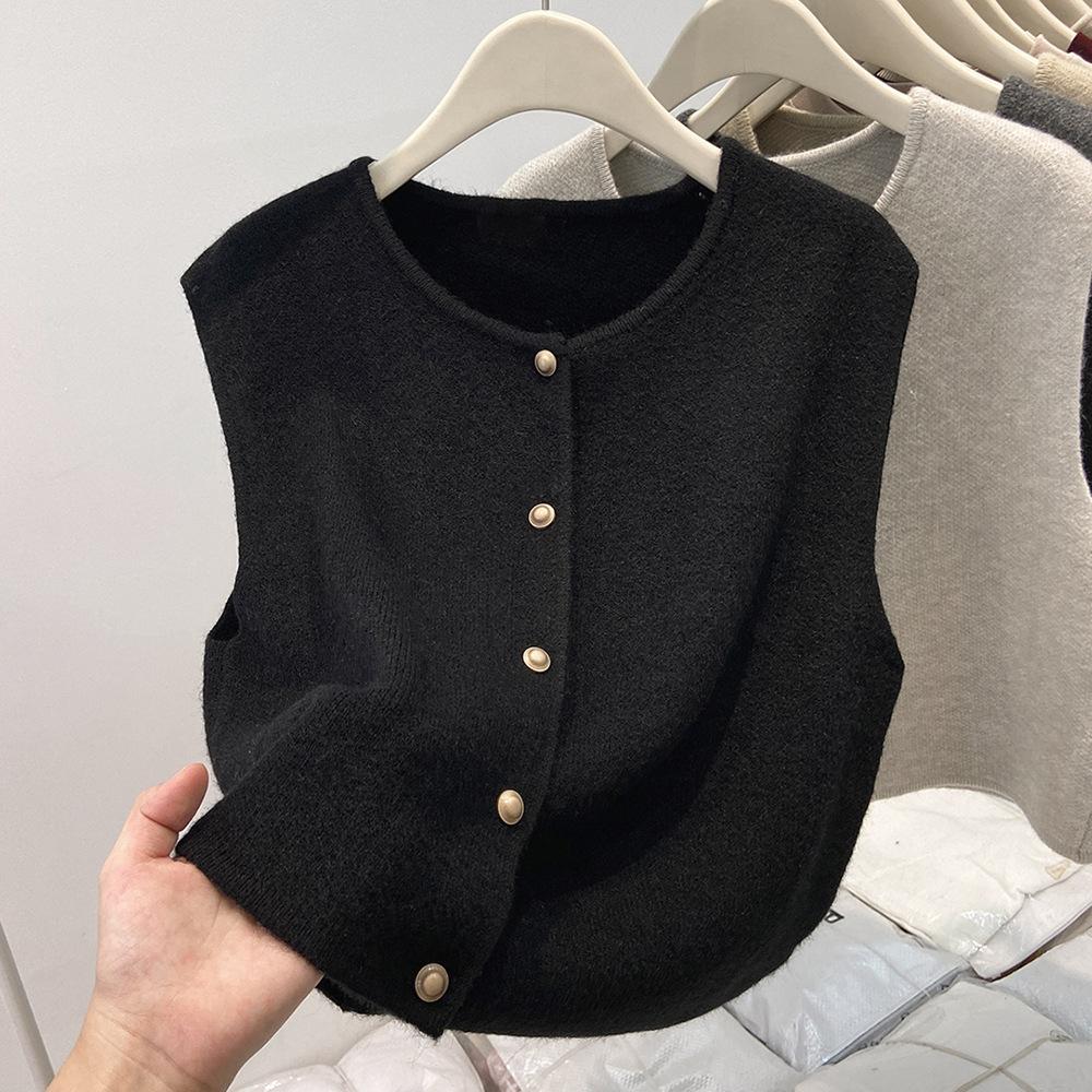 

Мягкий шерстяной вязаный кардиган женского стиля, весенне-осенняя мода, свитер-жилет с металлической пряжкой для многослойности, майка-топ с открытой рубашкой S