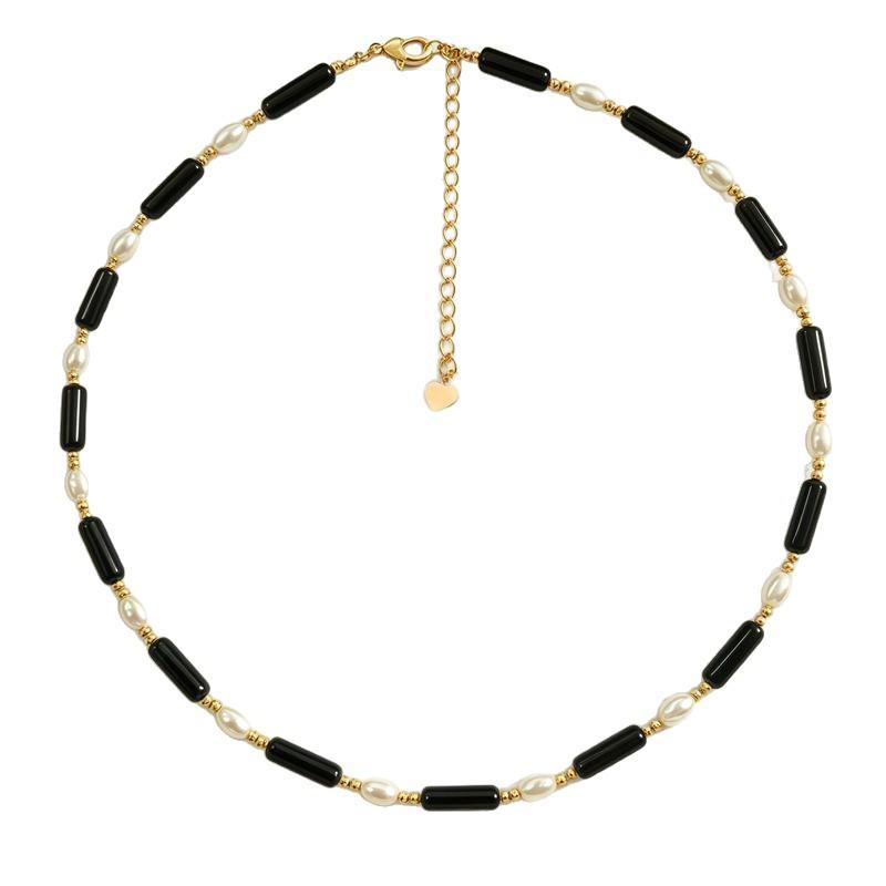 Rice Grain Freshwater Pearl Long Strip Black Agate Necklace Women's Light Luxury Cold Wind Collarbone Chain