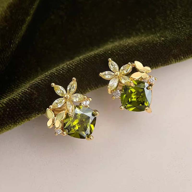 

Exquisite Green Zircon Butterfly Earrings for Women Fashion Crystal Five Petal Flower Earrings Wedding Party Jewelry Accessories