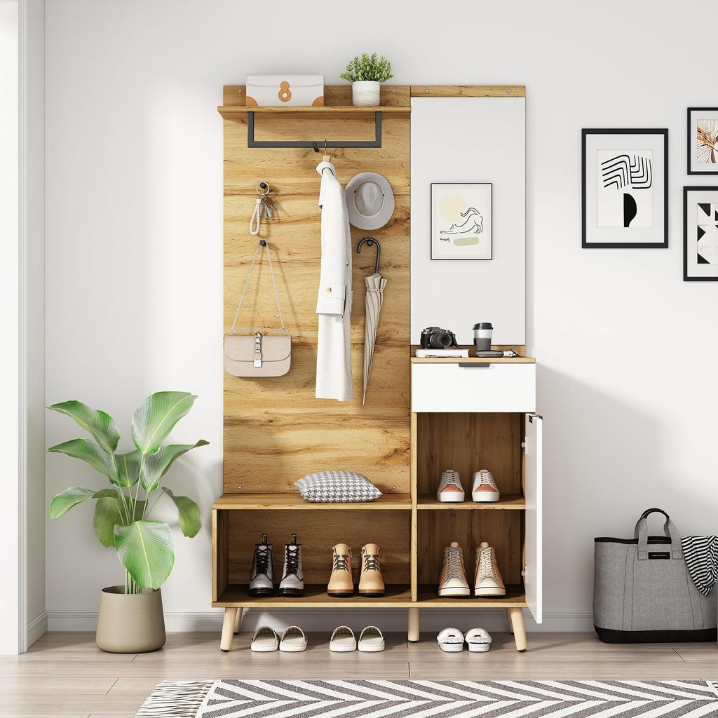 Set 190cm, Garderoben-Set Spiegel, Stylishe Schuhbank, Schuhschrank, Schublade, Regal, Kleiderhaken, Wandgarderobe Holzfarbe & Weiß
