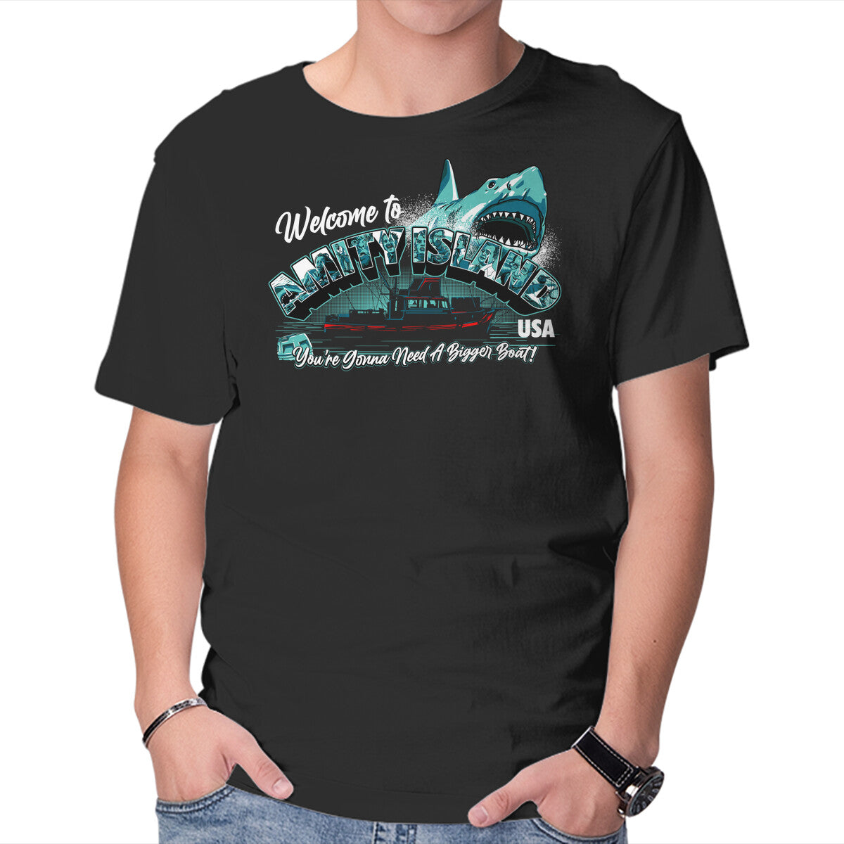 Unisex Crew Neck T-Shirt Welcome To Amity Island Graphic Short Sleeve Casual Tee XS