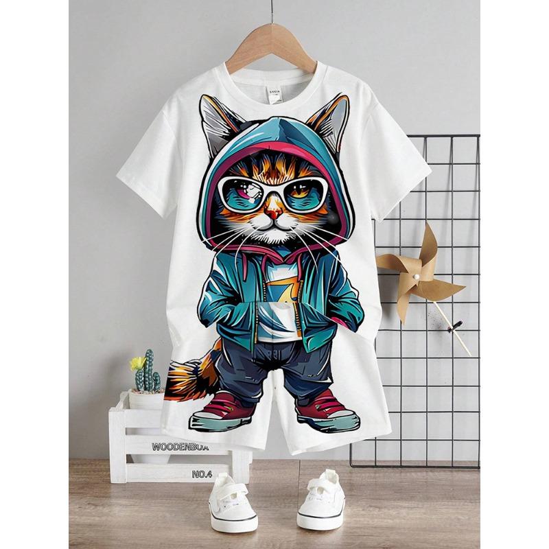 Anime Trend Bear Print Short Sleeve T-shirt Shorts 2 Summer Men's Fashion Street Short Sleeve Suit Heat Insulation Anti-wrinkle