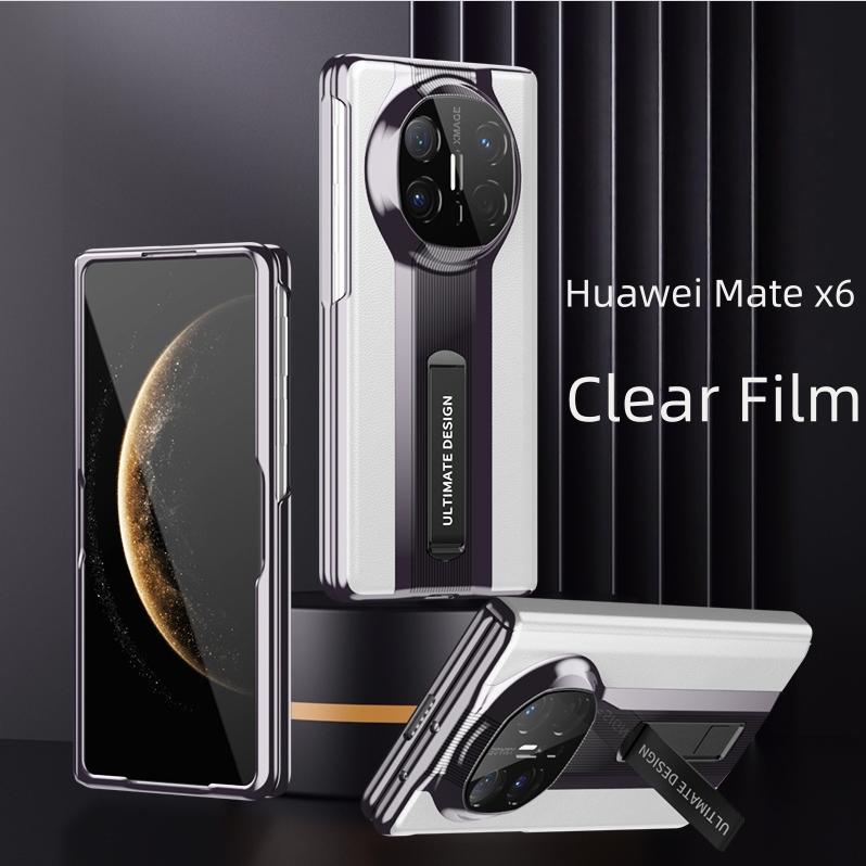 

Luxury Premium Electroplating Genuine Leather Case For Huawei Mate X6 Full Lens Protection Metal Bracket Kickstand Case Cover Genuine Leather&Huawei Mate X6